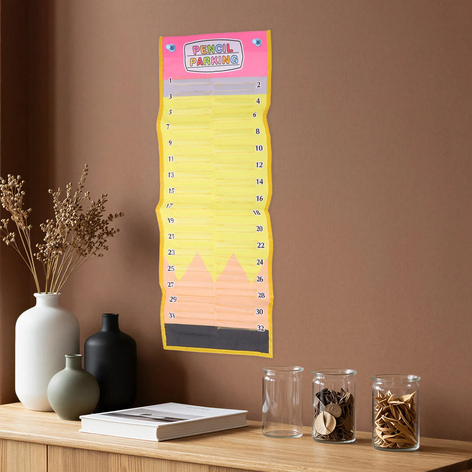 PET Pencil Pocket Chart 32 Numbered Clear Pockets with Grommets Classroom Hanging Pocket Organizer Art Teaching Stationery