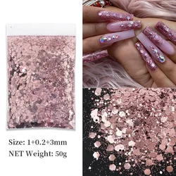 Chunky Glitter Nails Acessórios, Mixed Hexágonos lantejoulas, ouro rosa, pigmento em pó, Nail Art Decorações, Manicure Suprimentos, 50g