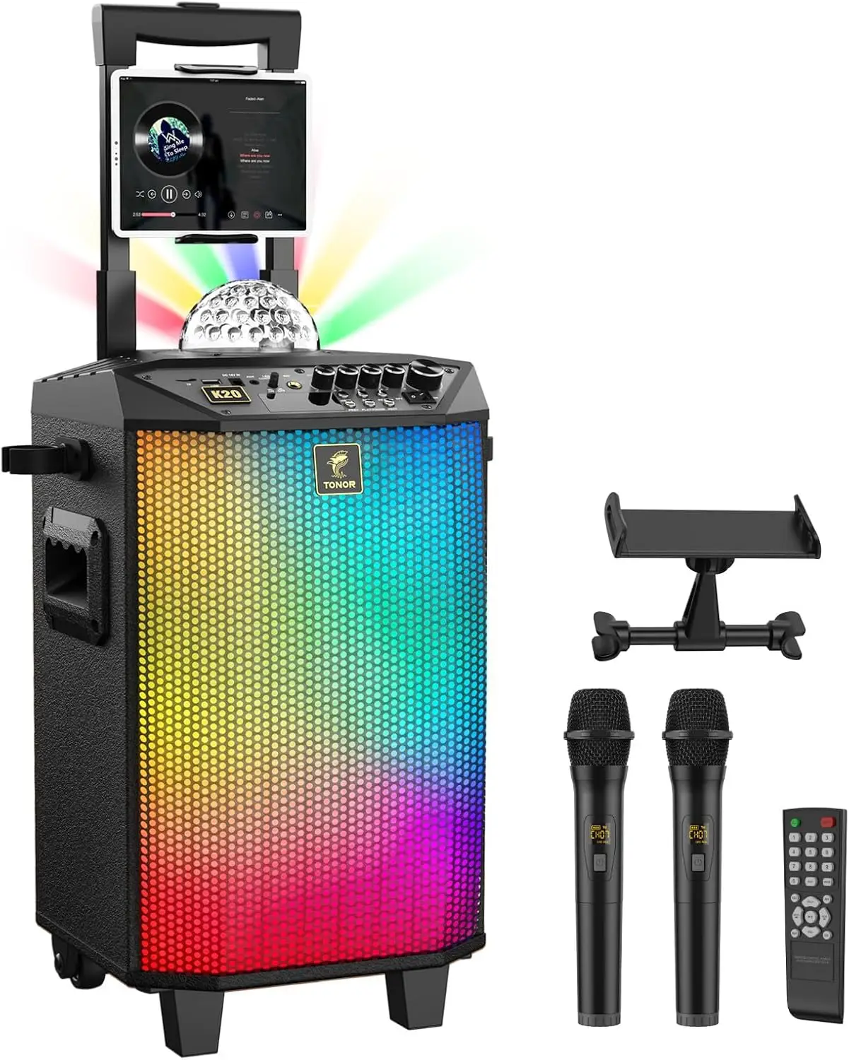 

Wireless Karaoke Machine for Adults, PA System Portable Bluetooth Singing Speaker with 100ft Dual Wireless Microphones Microfono