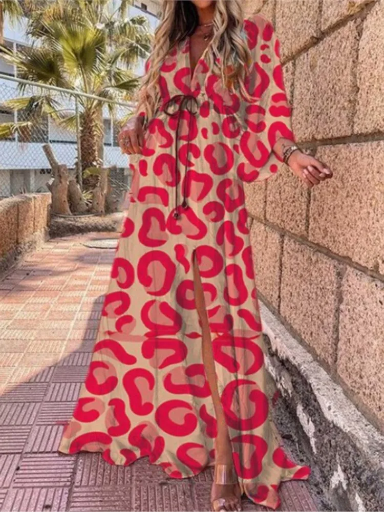 

Autumn Women Fashion Print Long Dresses Spring Leisure V-neck Bohemian Beach Vacation Slit Long Dress Elegant Ladies Clothing