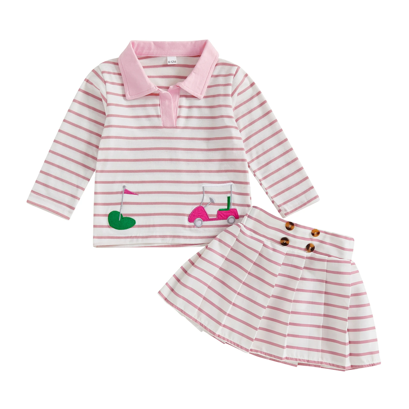 

Toddler Girls 2Pcs Fall Outfits Long Sleeve Lapel Collar Embroidery Tops Pleated Skirt Set Golf Clothes