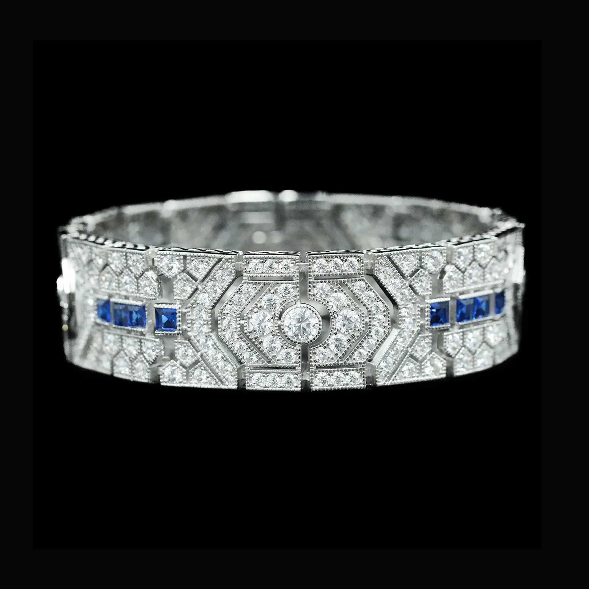 Bellux 925 Silver White Gold-plated Synthetic Zircon Bracelet Full Diamonds Cobalt Spinel Art Deco Royal Blue Vintage Bracelet