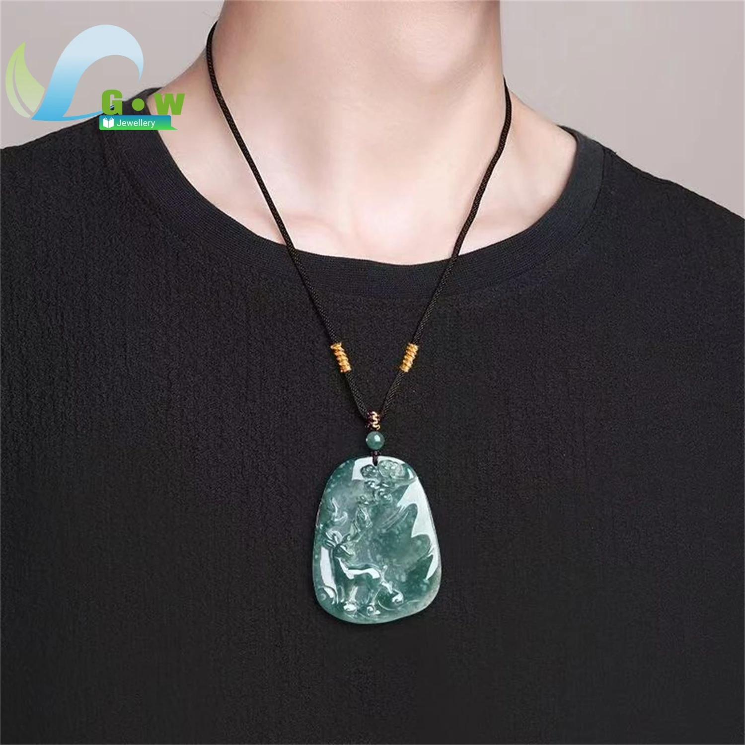 Natural Grade A Jadeite Blue Water Ice Type Deer Plaque Pendant Hanging Jade Amulet Necklace Unisex Carved Gemstone Jewelry