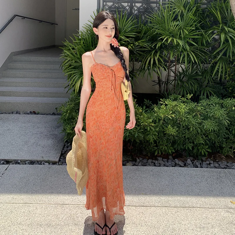 French Floral Vacation Dresses Wrap Bodycon Midi Dress Spring Summer Orange Beach Maxi Dresses