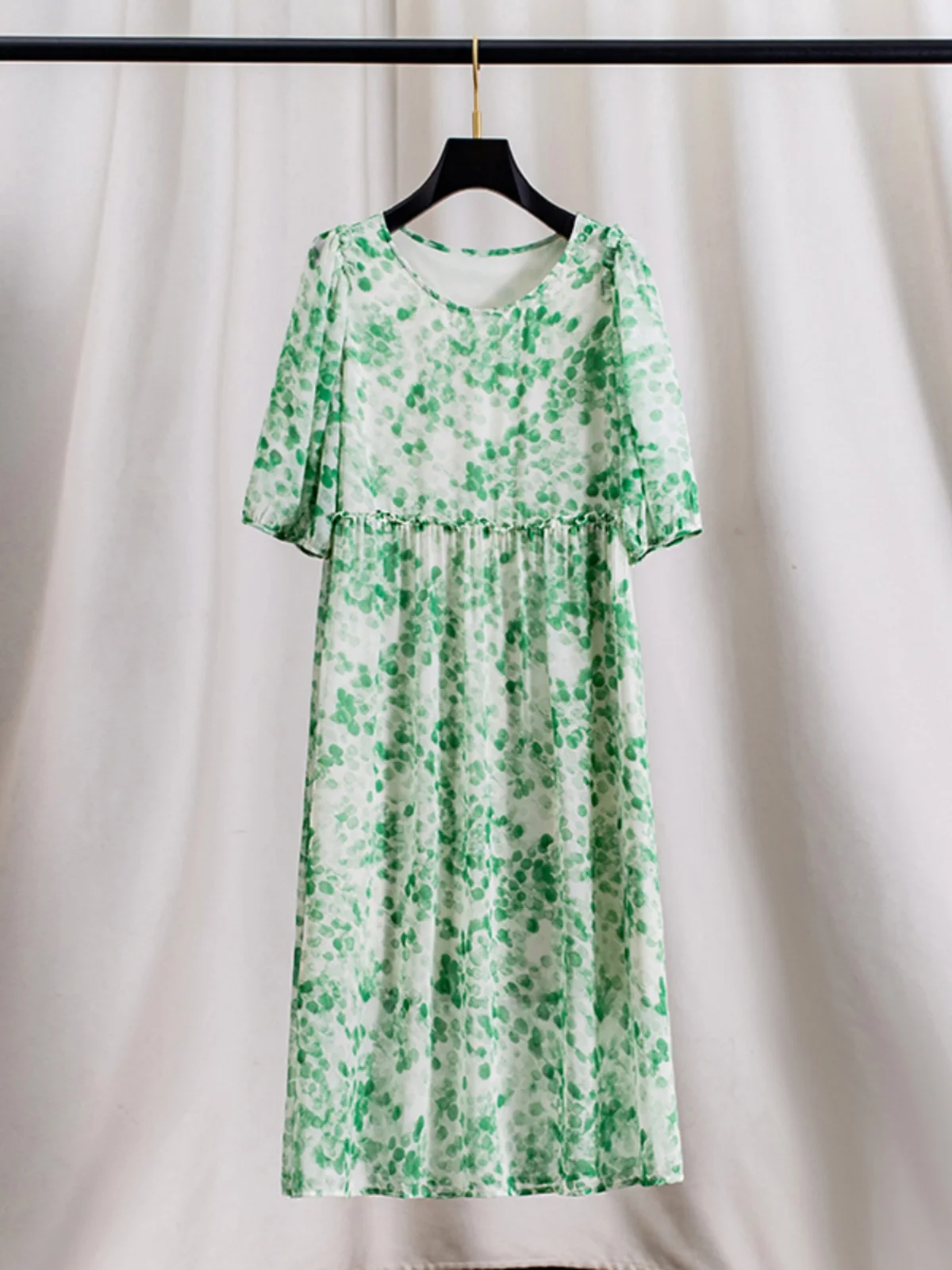 

Silk Blend Green Floral Print Chiffon Dress Loose Maternity Wear Summer Fashion Casual Elegant Long Skirt for plus Size Women