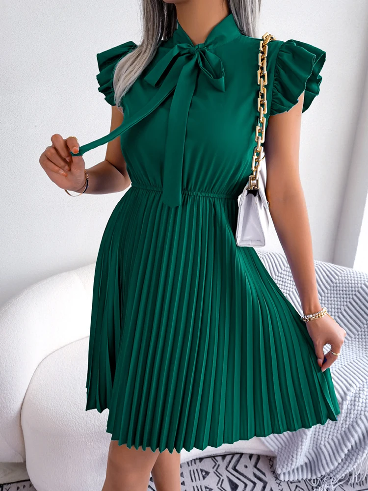 

Short Dresses Women Summer Pleated Dress Lady Fashion Ruffles Short Sleeve Holiday Dress Female Solid Color Bow Lace Up Vestidos