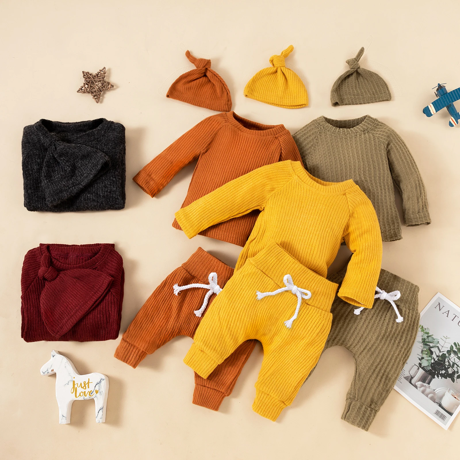 Children's Knitting  Solid Color Long Sleeve Top Sweatshirt Hat Baby Girl Boy Pants Toddle Three-piece Suits Outfits