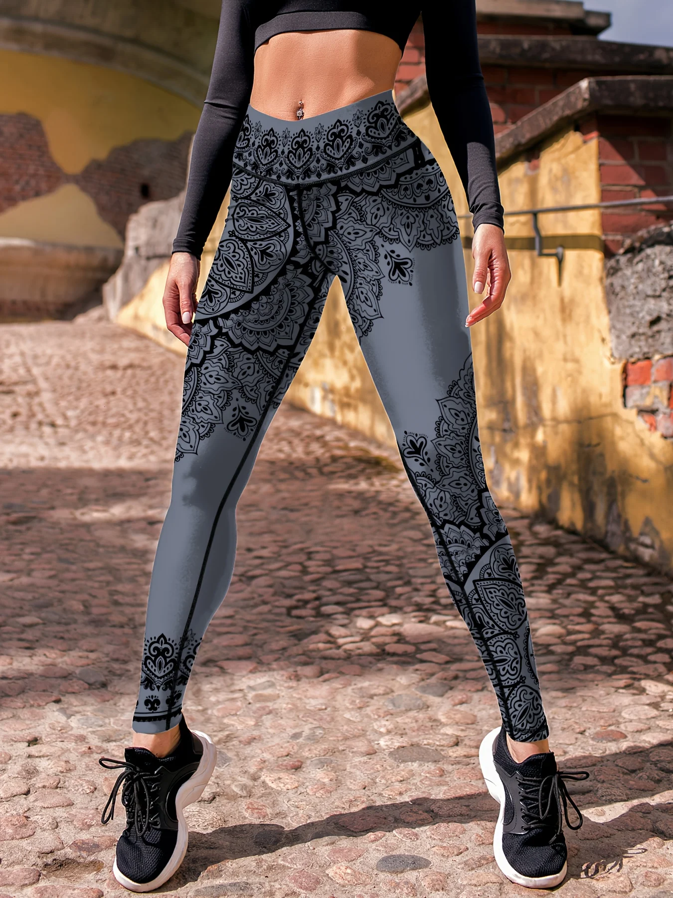 Women's Mid‑Rise Fleece Lined Leggings Magenta Mandala Floral Print Stretch Slim Warm Ladies Casual Pants