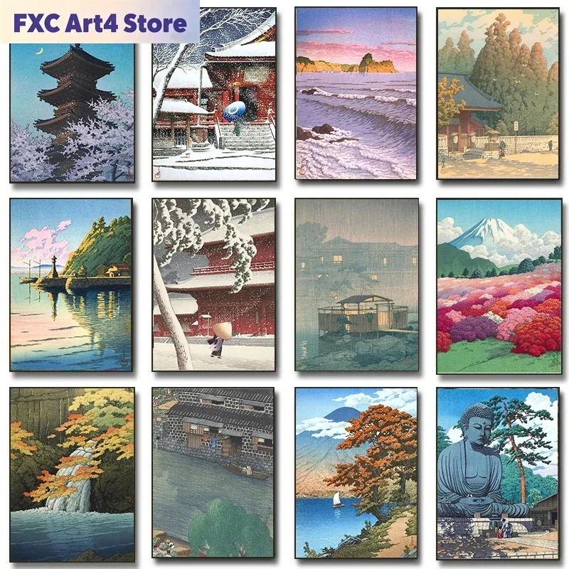 Frameless Kawase Hasui Artwork Posters and Prints Retro Japanese Landscapes Canvas Painting Wall Art Pictures for Room Office Ho