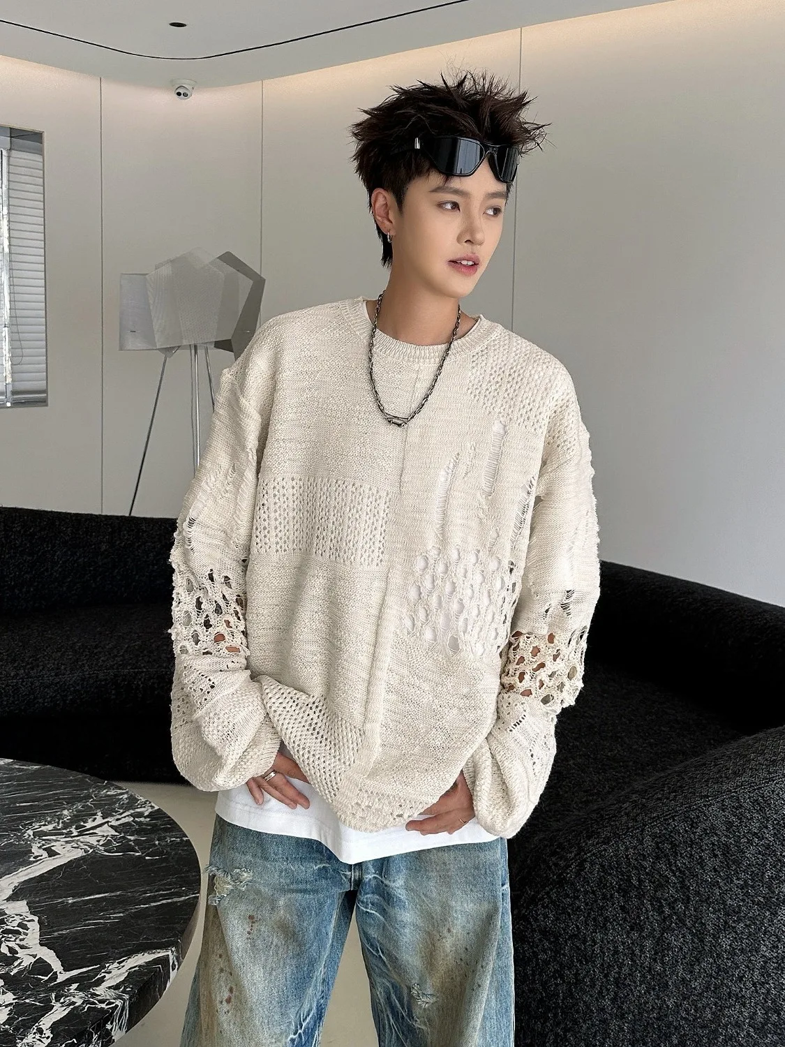 

Мужской свободный трикотаж American Sle с вырезами Lazy Sle Long Sve Top Design Sensation Верхняя одежда Повседневная кампусная мода