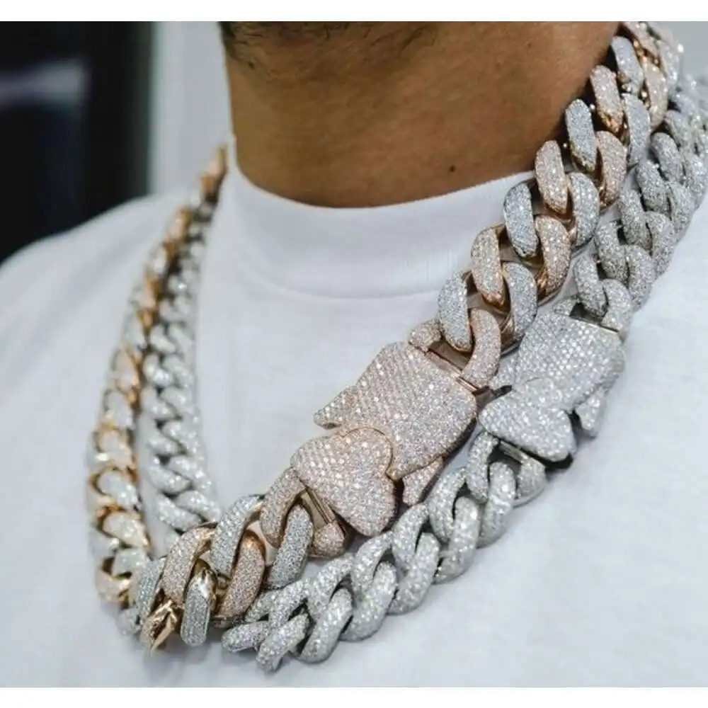 Compre collares de moissanita helado y hombres, cadena de eslabones cubanos Miami con punta de 19mm, joyería de Hip Hop chapada en oro helado para rapero India