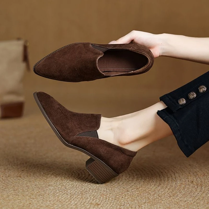 NEW Spring/Autumn Women Pumps Pointed Toe Chunky Heel Shoes Sheep Suede Leather Shoes for Women Concise Slip-on Handmade Shoes