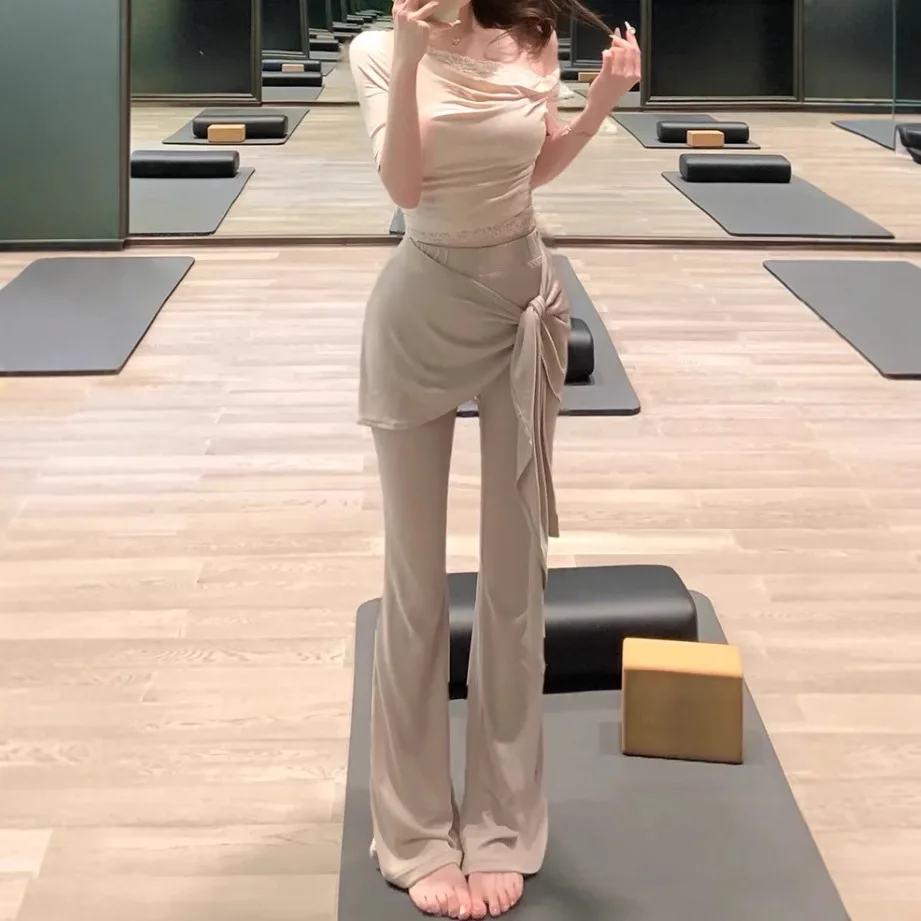 

2026 New Women's Pure Desire Style Slim Fit Yoga Set Comfortable Off Shoulder Short Sleeve Fake Two Piece Top With Flared Pants