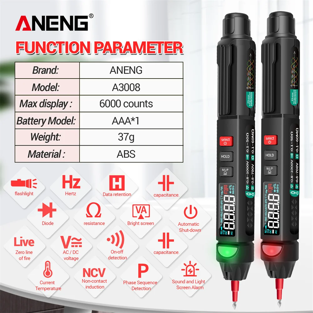 ANENG A3008 Digital 6000 Counts Intelligentes professionelles Multimeter Sensor Pen Tester Strommesser Berührungsloses Voltmeter