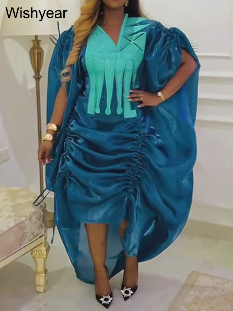 Nuevos vestidos africanos de manga larga con cordón y volantes, vestido medio con tirantes para mujer, Abayas musulmanas de lujo de Dubái, bata de noche de 2 uds.