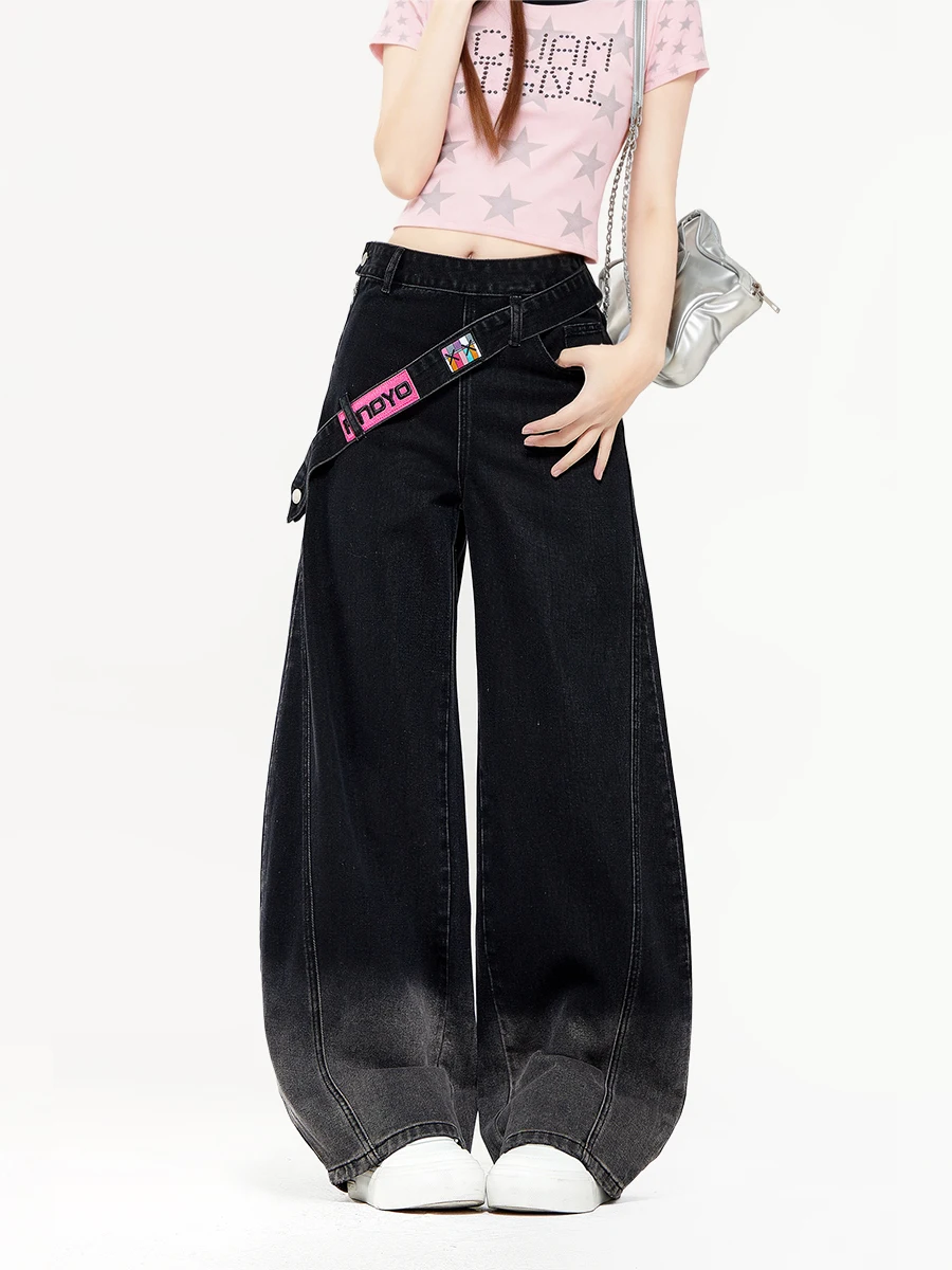 American Retro Gradient Black Grey Side Zipper Jeans Women Summer 2026 New Loose Wide Leg Knife Pants Cotton Natural Waist