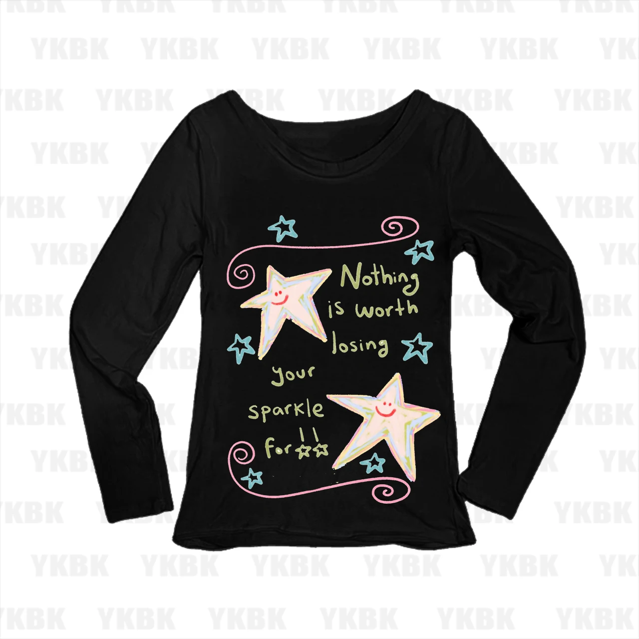 Cute Hand Drawn Star & Positive Slogan Print Women Long Sleeve T Shirt Y2K Aesthetic Slim Casual Graphic Tee
