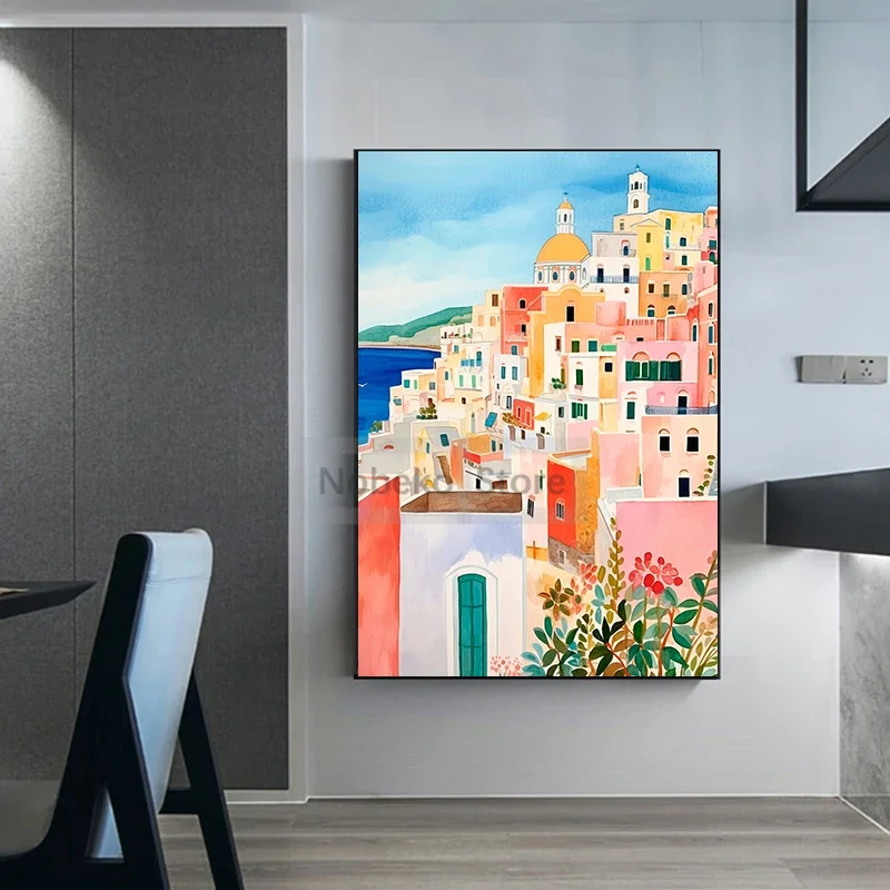 الإيطالية أمالفي كوست سيتي سكيب المشارك بوسيتانو المائية المشهد الساحلي يطبع حائط لوح رسم الفن ديكور غرفة المنزل