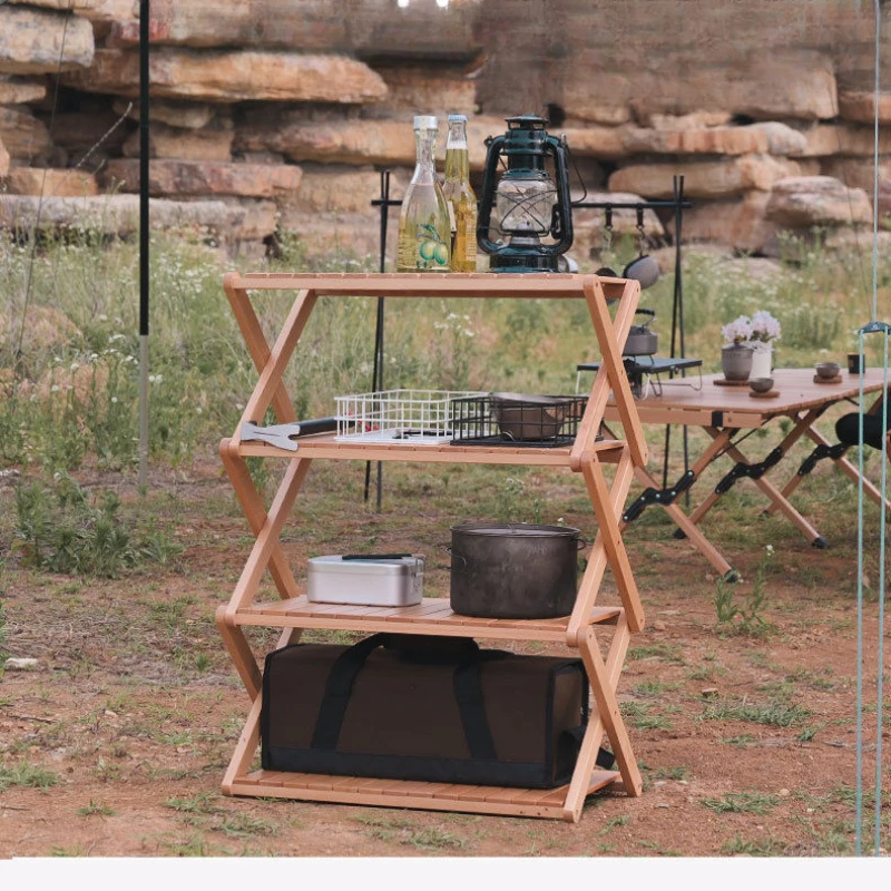 High Value Outdoor Rack Multi-layer Foldable Installation-free Portable Bamboo Camping Picnic Storage Utensils Mini Small Table