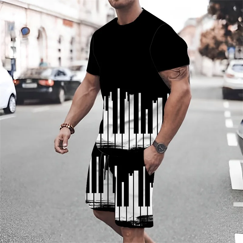 Tropical Men Short Sleeve Suit Human Party Fashion Trend Men's Guitar & Notes 3d Print Top Shorts Personality Street Men's Wear