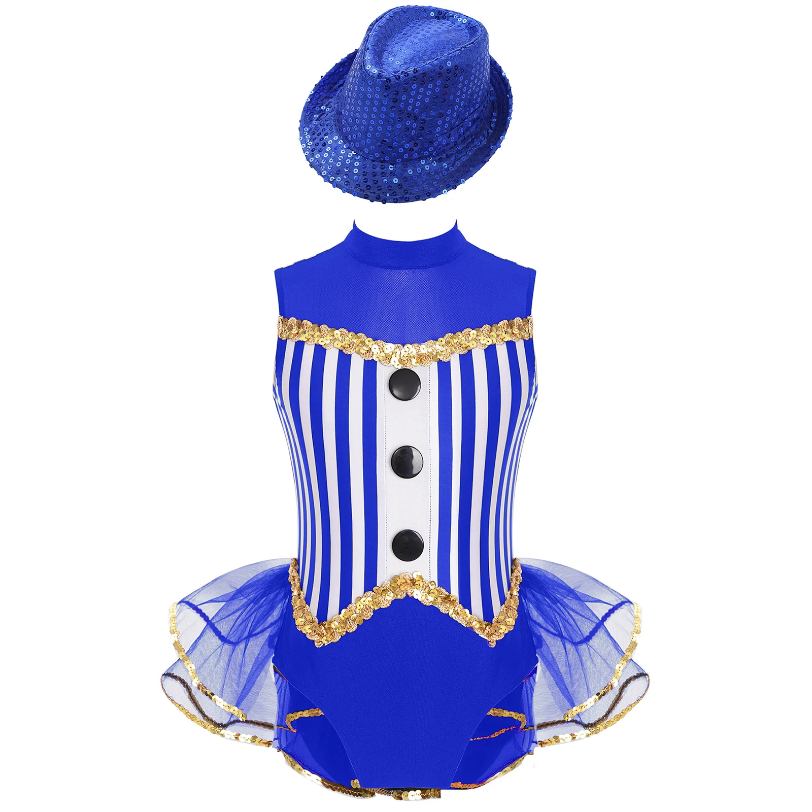 Kids Girls Jazz Dance Dance Unitards Sleeveless Sequined Trim Open Back Tulle Skirted Striped Leotard with Sequins Hat view 2