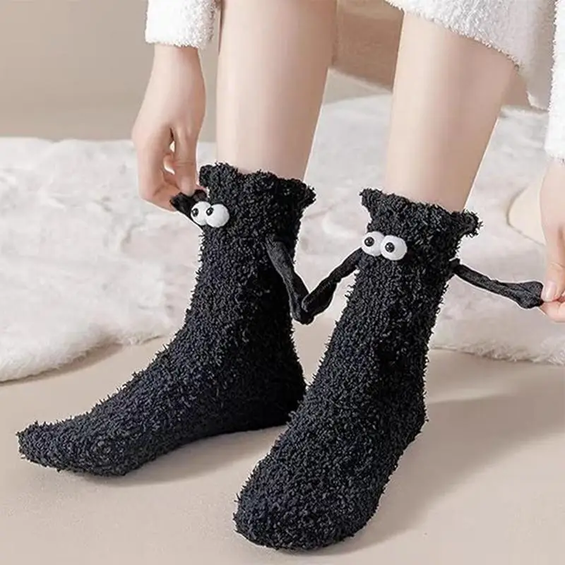 1Pair Harajuku Couple Cotton Sock Magnetic Suction Hand In Hand Socks Black White Unisex Holding Hands Mid-Calf Friendship Socks