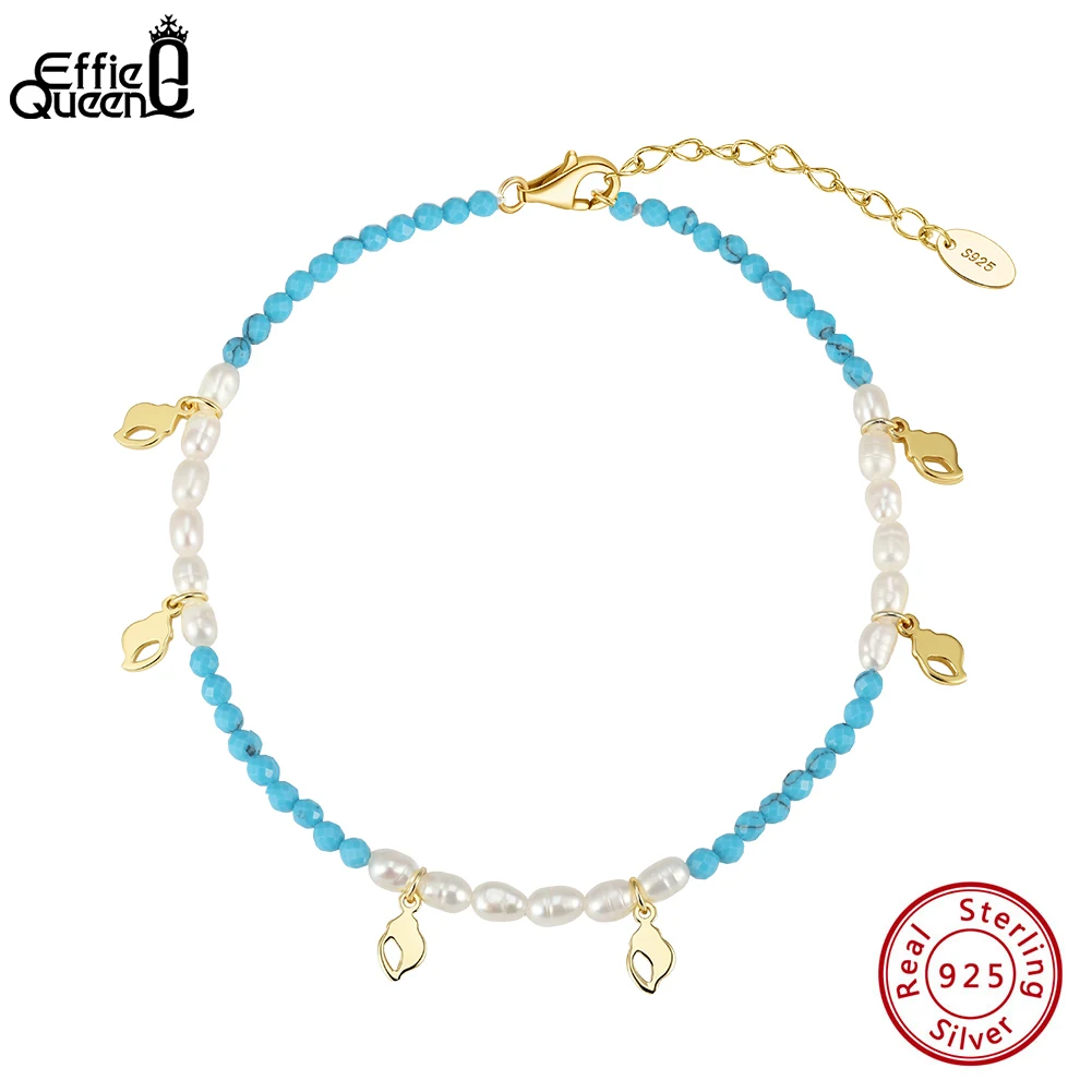 

Effie Queen 925 Silver Dainty Turquoise Stone Beaded Anklet with Freshwater Pearls Foot Bracelet Jewelry Best Gift Jewellry SA95