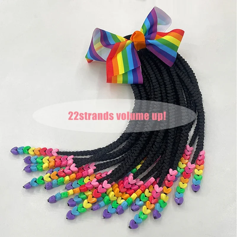 Kids Ponytail Extension With Beads Braids Hair Extensions  Pony Beads  With Bows Protective  For Baby Girls Toddler Children