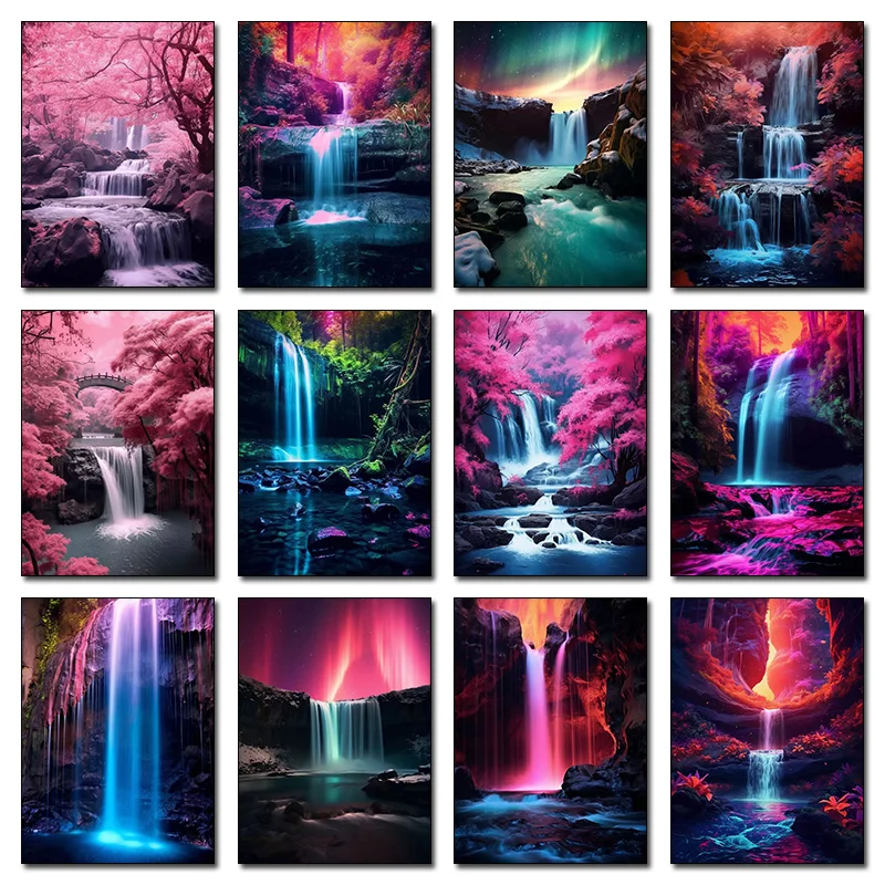 Natural Landscape Sakura Trees Waterfall Print Poster Cherry Blossom River Wall Art Picture Canvas Painting Living Room Decor