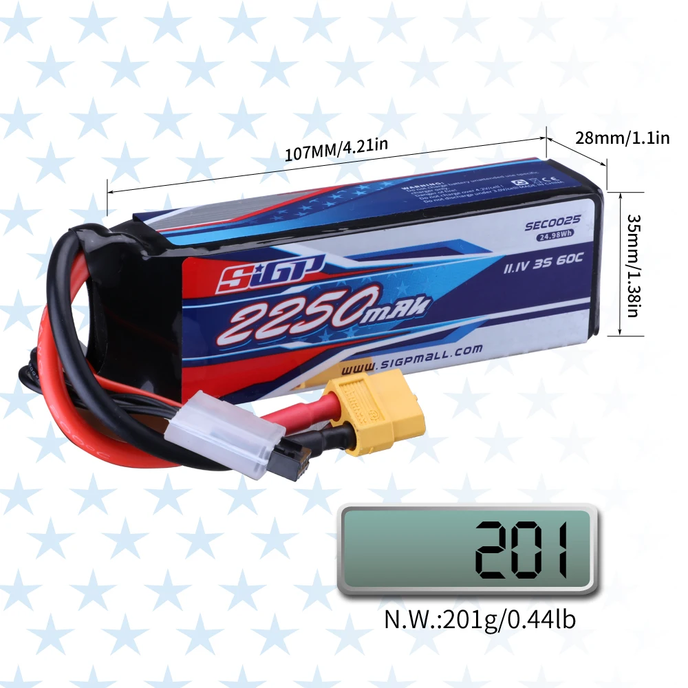 SIGP 3S Lipo Battery for 11.1V 2250mAh 25C 40C 60C with XT60 Connector RC Airplane Quadcopter Drone FPV Helicopter Model 2Pack