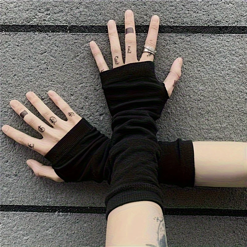 1 Pair Punk Striped Knitted Fingerless Gloves, Stretchy Warm Mid-Length Gloves, Hiphop Decor, Suitable For Boys & Girls