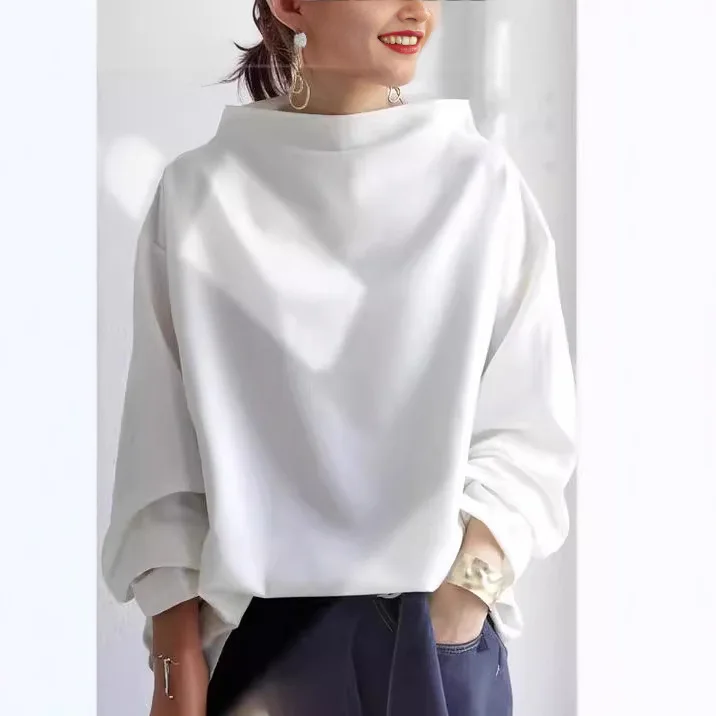 Spring Women's Top Loose Turtleneck Black T-shirt Long Sleeve White High Street Trend Solid Color Autumn Tees for Female