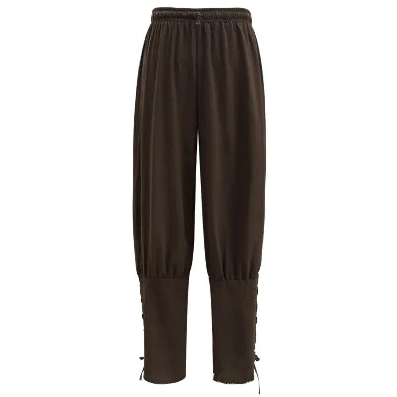 زي القراصنة من عصر النهضة في العصور الوسطى للرجال والنساء ، فارس القرع ، فارس ، بنطلون فايكنغ ، بنطلون برباط برباط للكاحل ، ملابس كتان