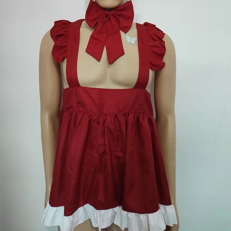 

Sexy Man Cute Maid Cosplay Costume Red Ruffled Lolita Apron, Sweet Bow Backless Halloween Kcostumes itchen Cooking Baking Apron