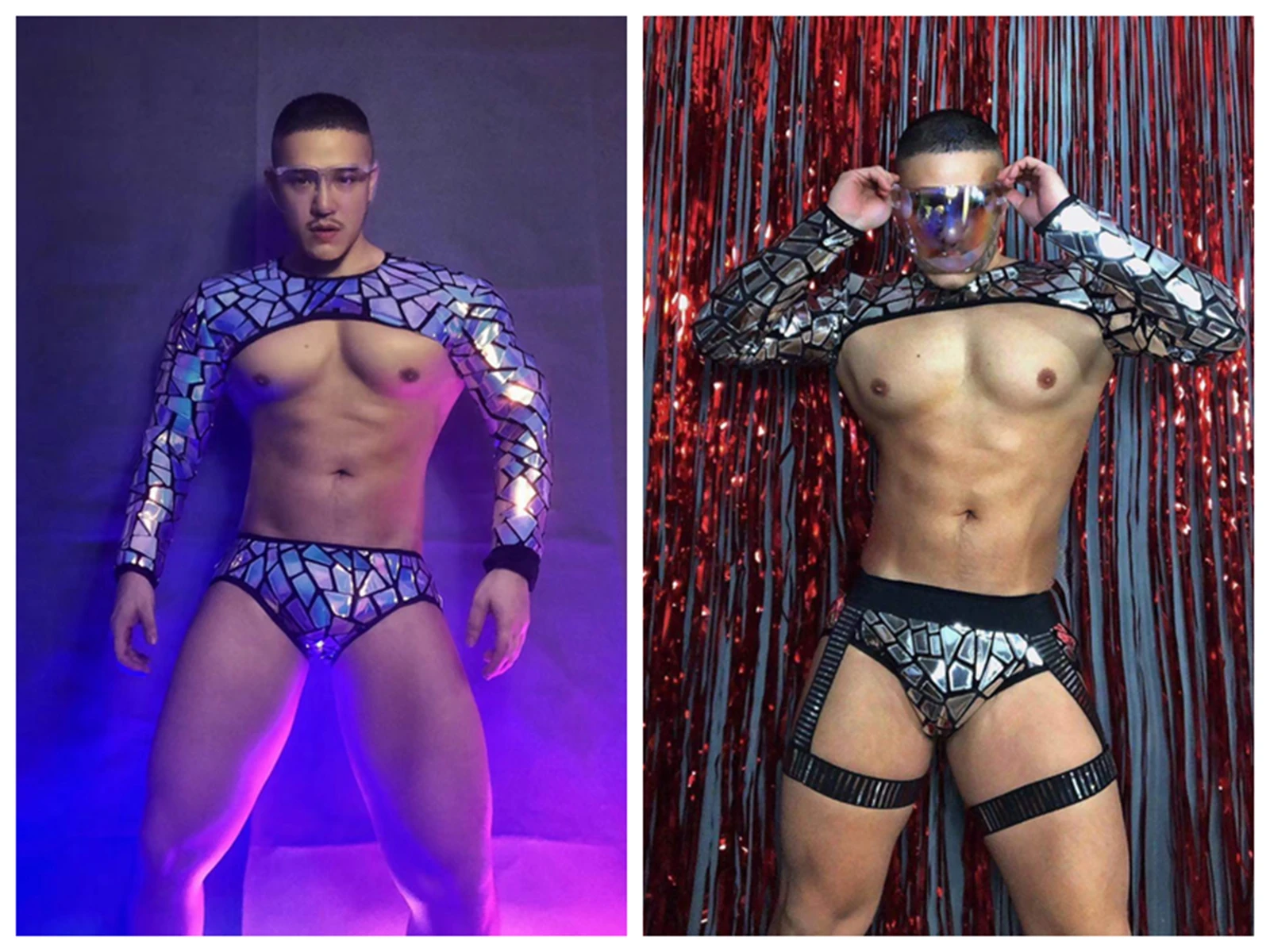 Hooded Tops Shorts Glasses Silver Purple Blue Laser Sequins Bar Nightclub Sexy Costume Technology Future Theme Mirror Stage Wear