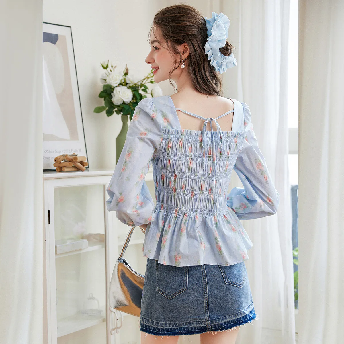 루이 야오 스윗 프린트 여성 블라우스 2025 가을 스퀘어넥 면 100% 탑 우아한 출퇴근 프린트 슬림 긴팔 셔츠