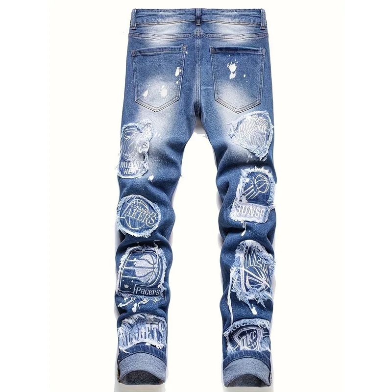 Men's Clothing high quality Distinctive Printed Jeans Tape Slim-fit Embroidered Leg Trendy Straight Ripped Pants