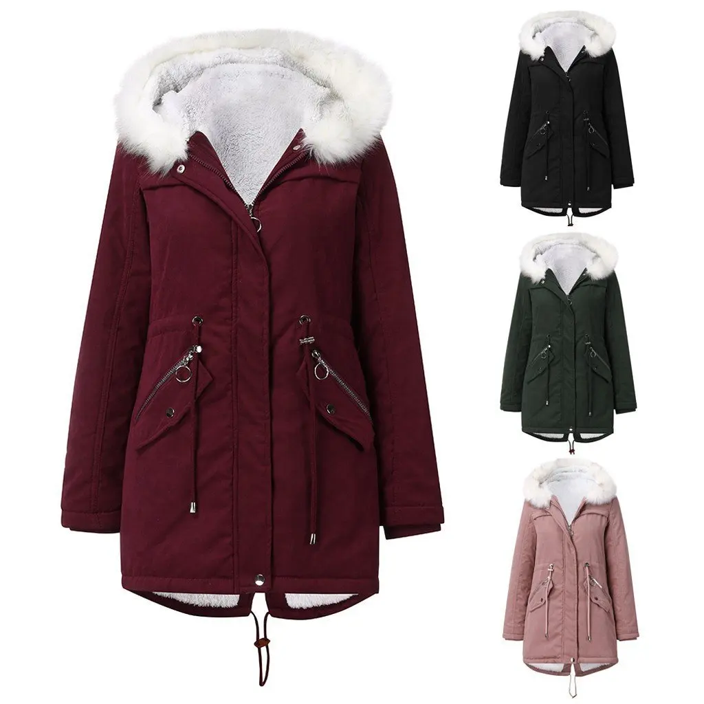 レディース綿入りコート、白いファー襟付き、ミドル丈、フード付きフリース、冬用暖かいジャケット