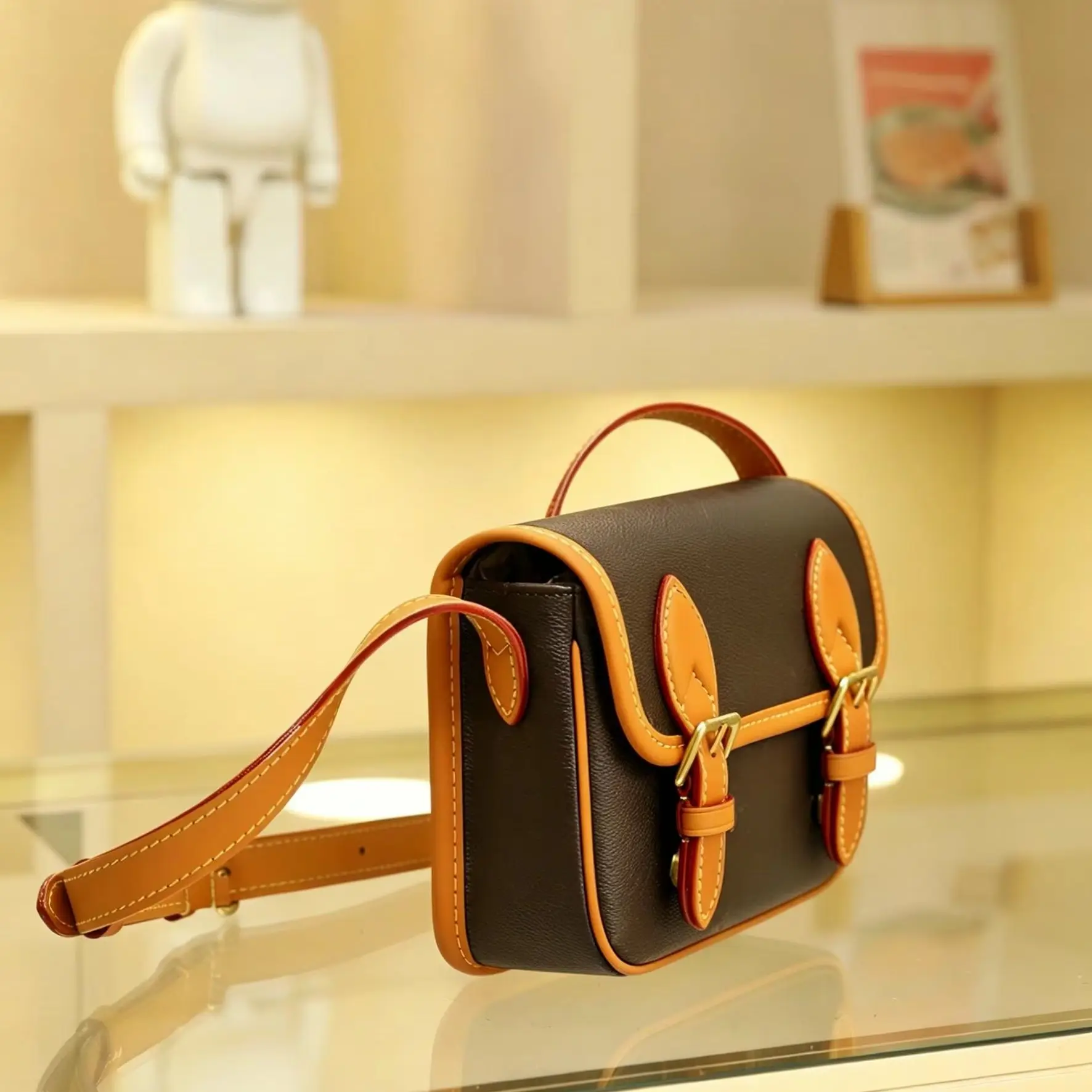 Dark Brown Tan Contrast Mini Satchel Handbag, Women Vintage Leather Flap Crossbody Bag with Top Handle Adjustable Strap