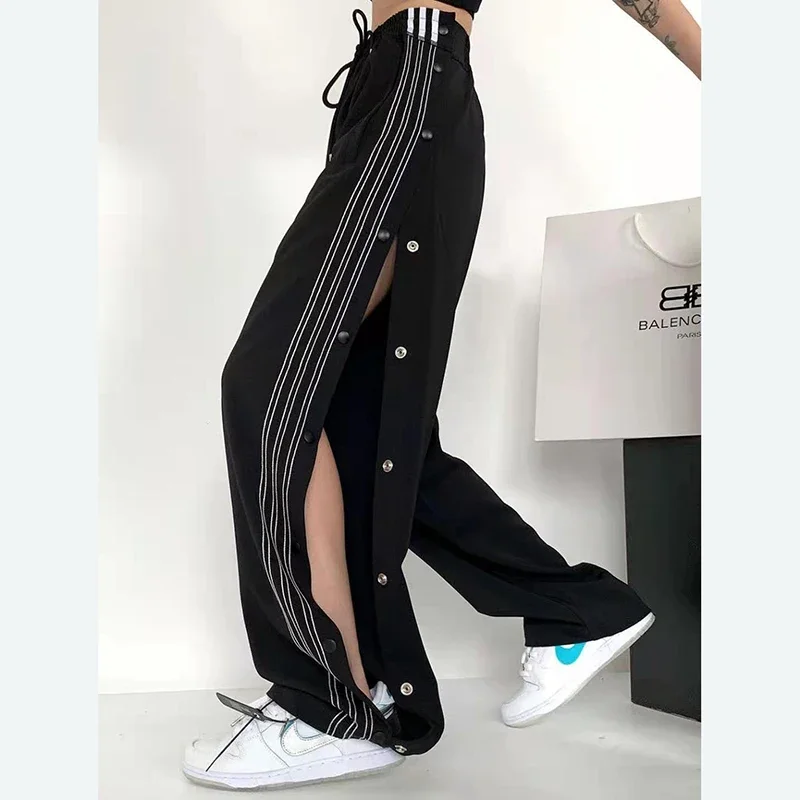 Y2K Streetwear Slit Wide Leg Pants Women Striped Buttons High Waist Straight Trousers Fashion Breasted Loose Black Sweatpants