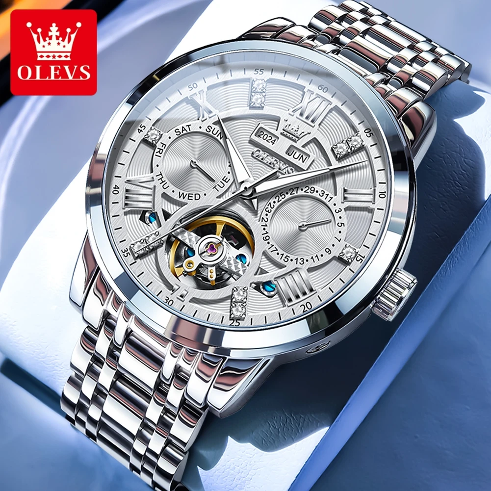 

OLEVS оригинальные многофункциональные автоматические механические часы со скелетом из нержавеющей стали для мужчин, роскошные модные деловые мужские часы