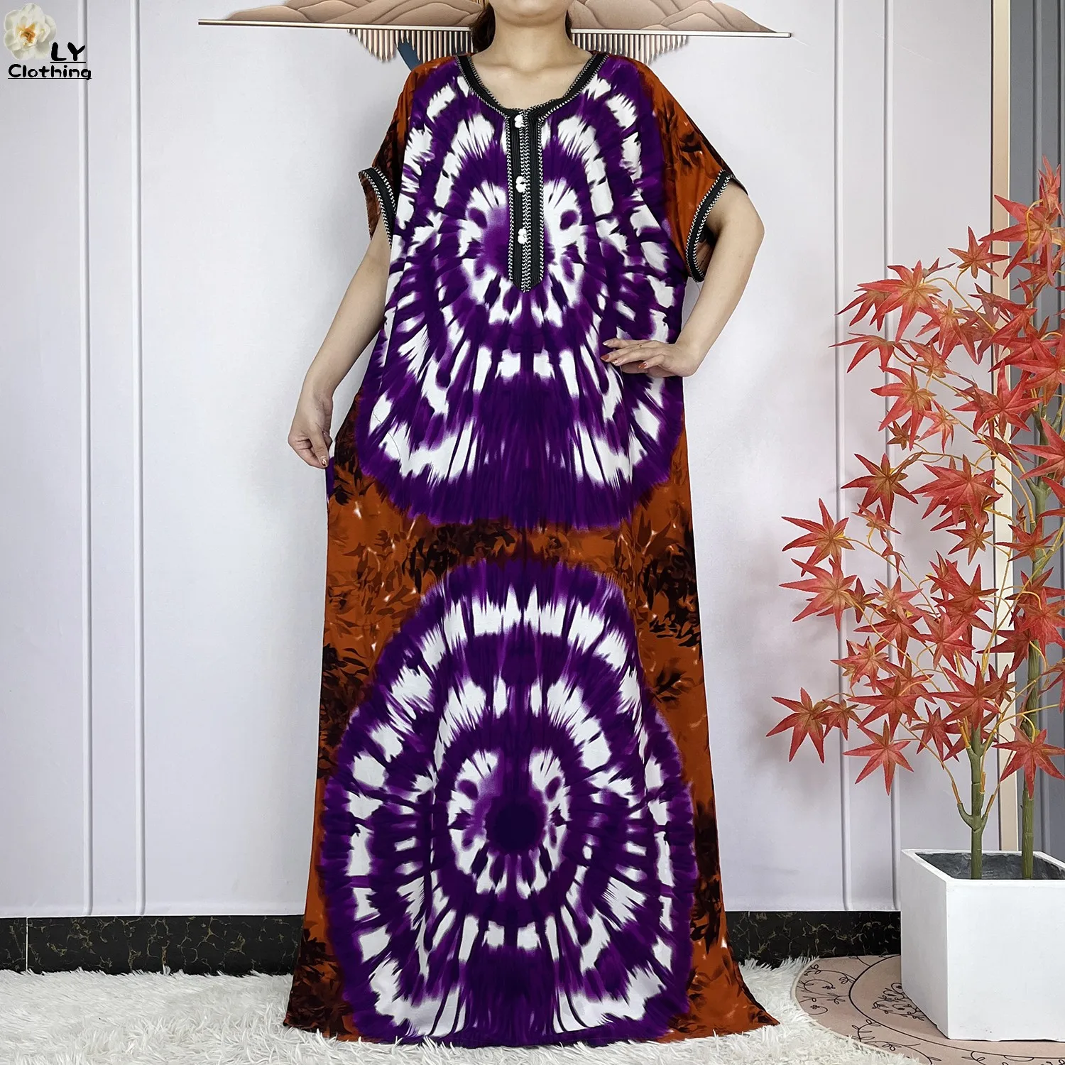 New Summer Short Sleeve African Dashiki Cotton Abaya Woman Elegant Maxi Tie-dyed Floral Loose Style Dubai Fashion Lady Dresses