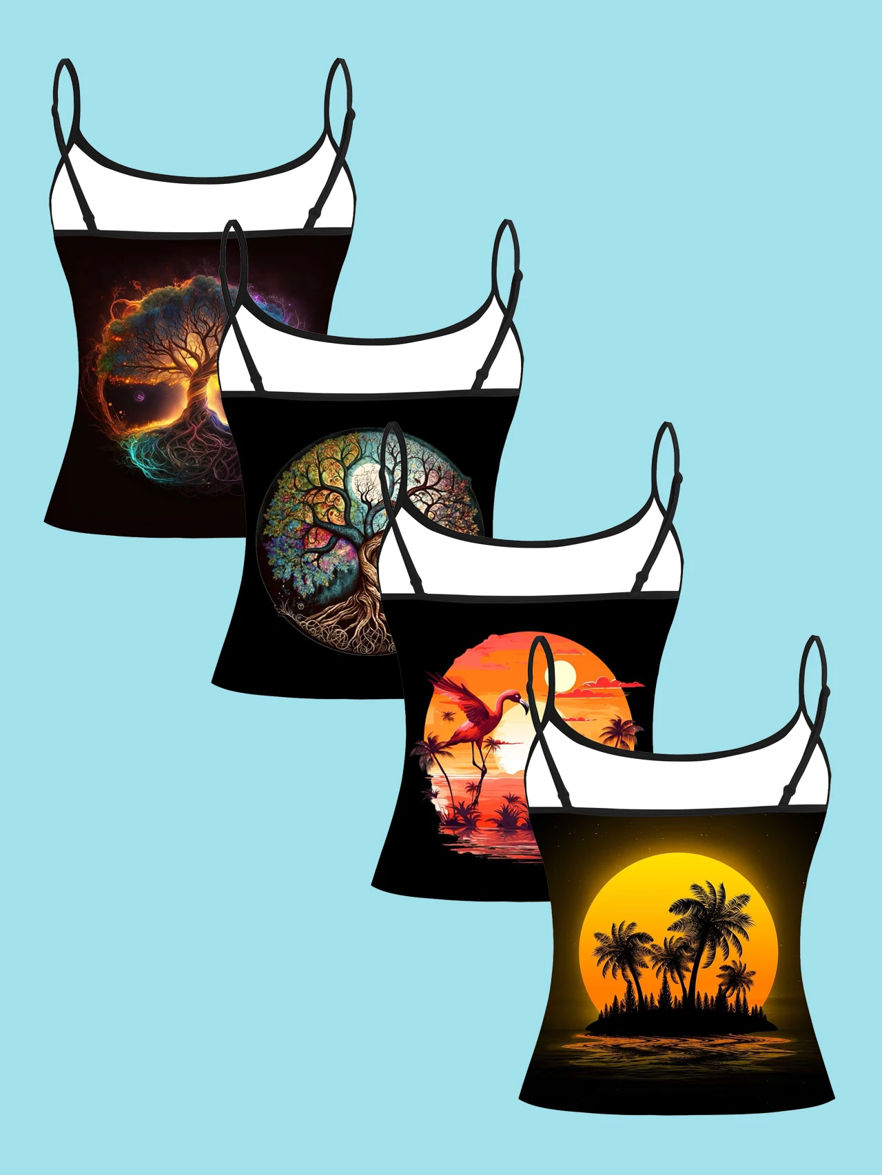 4-Piece Set of Women's Tank Tops with Tree of Life and Sunset Island Design, Featuring Fantasy Trees, Flamingos, Coconut Trees, and a Sunset Theme, Slim-Fit Spaghetti Strap Tops