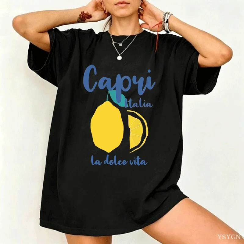 Capri Italy Lemon T Shirt La Dolce Vita Italian Girl T-Shirt Vintage Cotton Short Sleeve Womans Clothes Streetwear Clothing