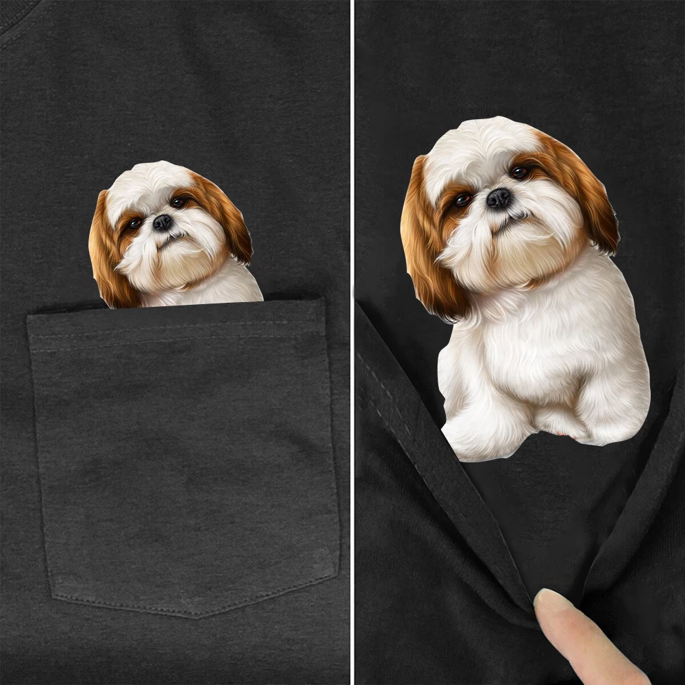 CLOOCL Black Cotton T-shirts Fashion Brand Shih Tzu Art Printed Pocket Tops Hip Hop Tees Short Sleeve Woman Tshirts