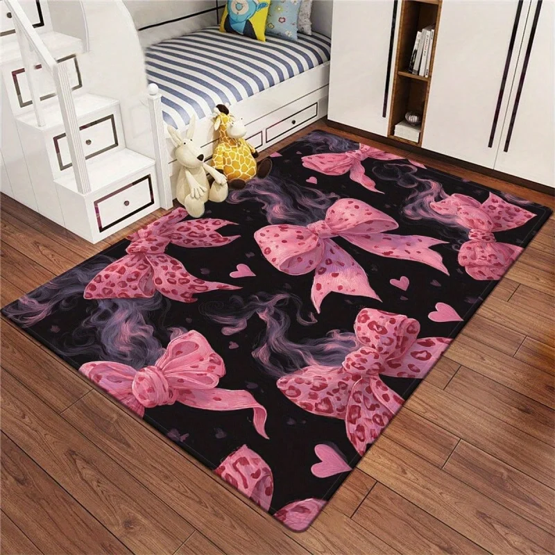 Newest Pink Satin Bowknot Large Area Rug, Black Background Bow Print Floor Carpet for Girls Bedroom Gaming Room