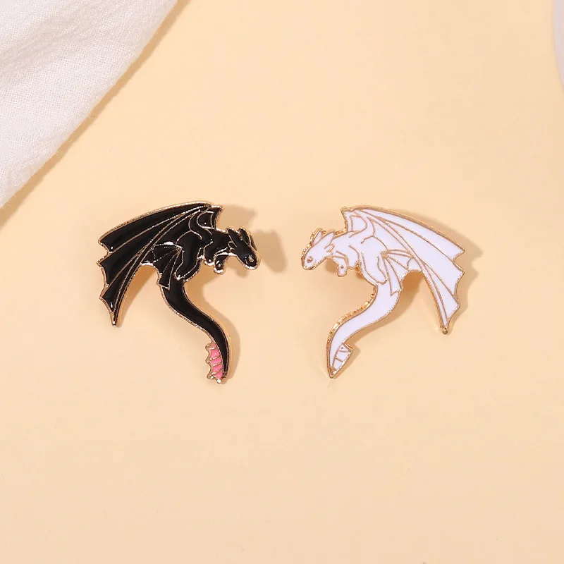 Cartoon Black And White Dragon Enamel Pins Cute Fun Couple Monster Alloy Brooch Badge Trendy Lapel Jewelry Gift For Friends