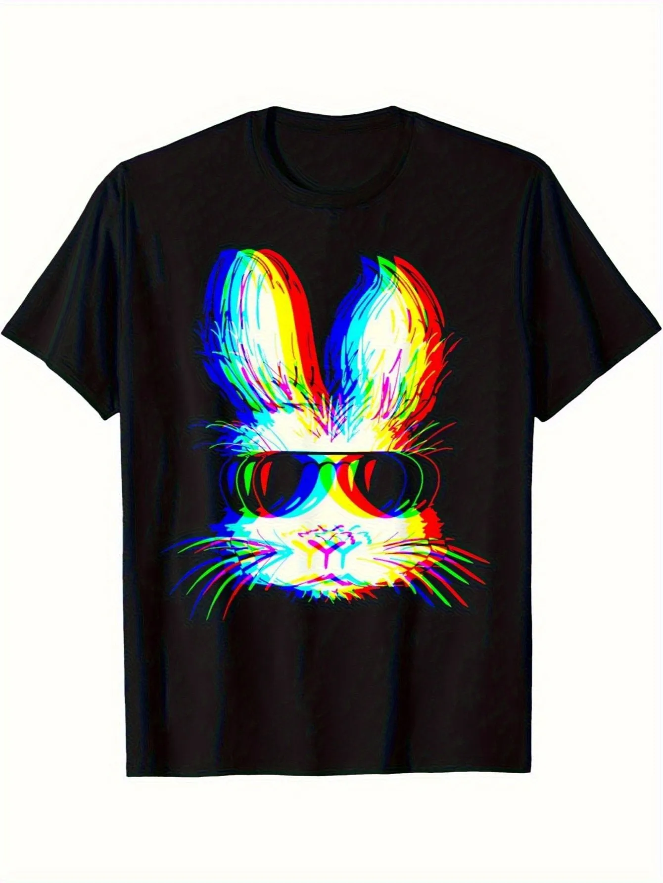 

Men's Retro Rabbit T-Shirt, Black with Colorful Glitch Art Design, Cute Cartoon Pattern T-Shirt Suitable for Festivals, Casual Activities and Everyday Wear, All-Season Comfortable Fit, Festive Clothing, Lively Design, Comfortable Fit Short-Sleeve Shirt, F
