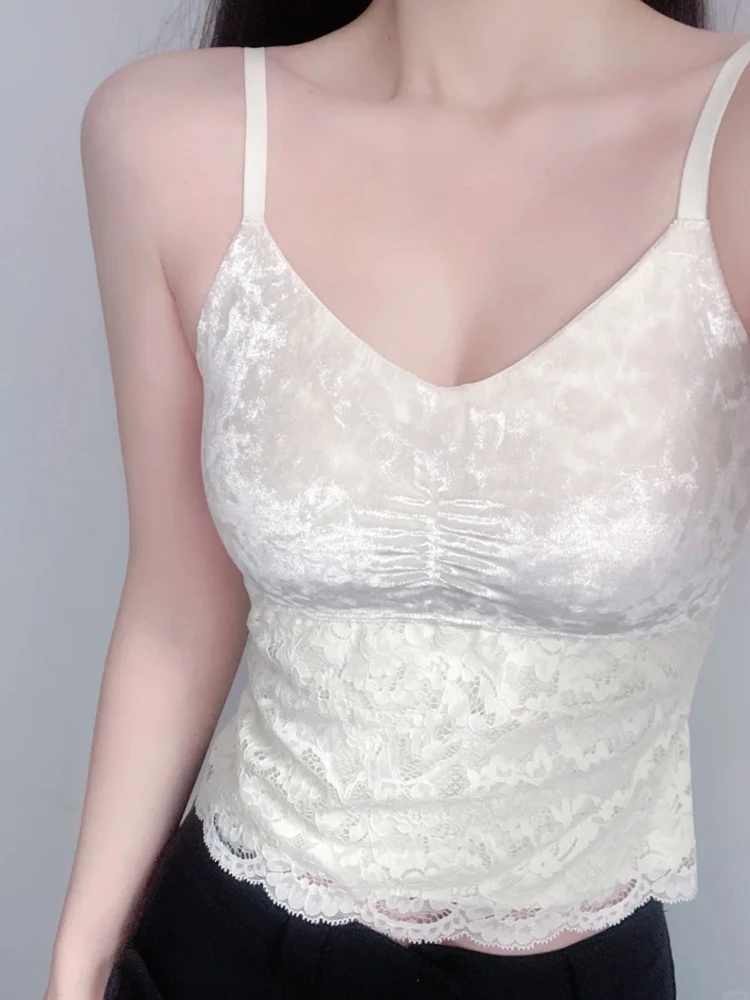 Samt-Spitze-Patchwork-Trägerweste für Damen, neu, 2025, Innenpolster, integriertes, schönes Bawear-Oberteil mit äußerer Brustwickel