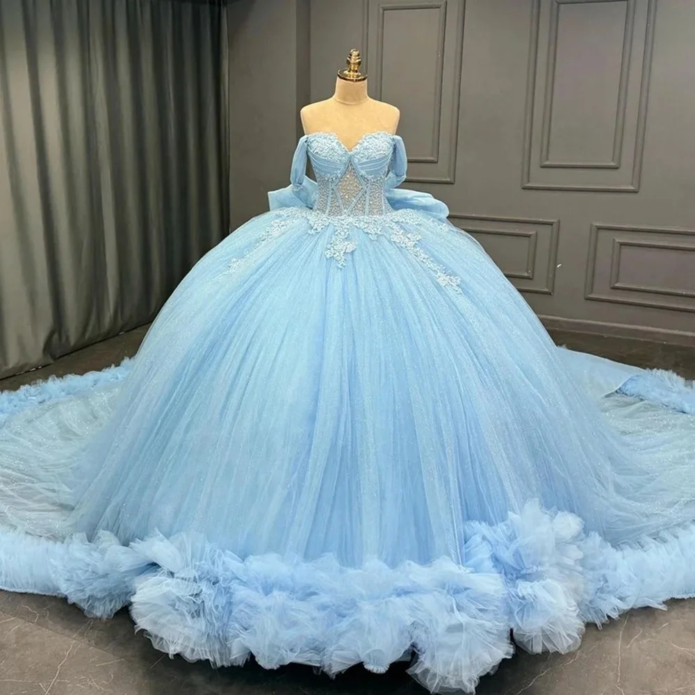 

Sky Blue Charro Quinceanera Dresses Ball Gown Off The Shoulder Appliques Pearls Mexican Sweet 16 Dresses 15 Anos Customized